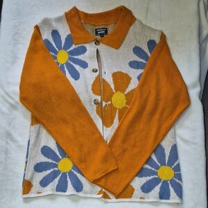 Collared Orange & Cream Floral Knit Cardigan Sweater